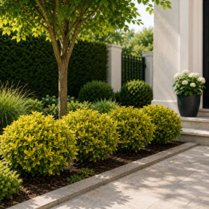 Gömb aranytarka japán kecskerágó (Euonymus japonicus ‘Elegant Aureus’)